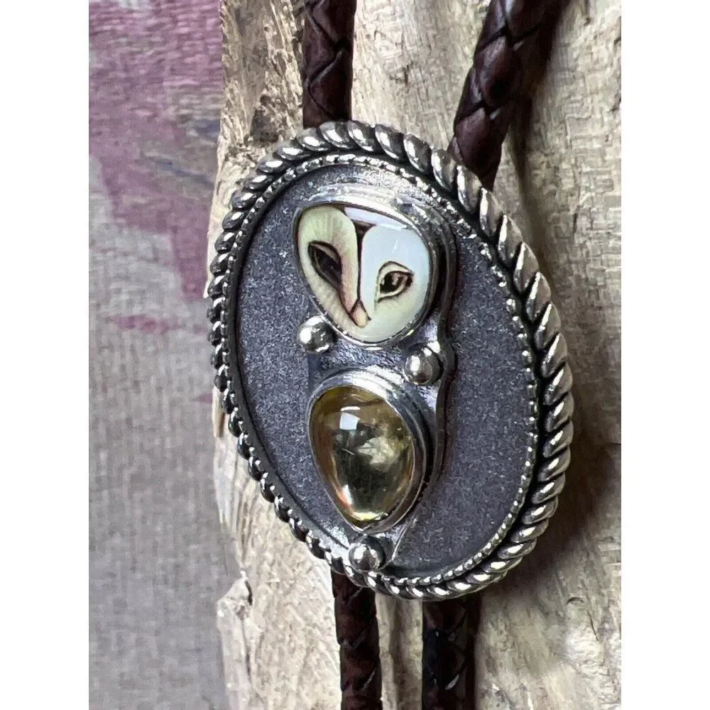 3D Amber Nature OWL Cameo Silver Lariat Black Bolo Tie Wedding Father's Day Dad - Picture 4 of 12